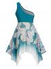 Leaf Print Mesh One Shoulder Asymmetric Padded Tankini Swimsuit -  