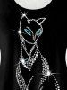 Plus Size 3D Sparkled Rhinestones Cat Printed Lace Panel Tank Top -  