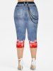 Plus Size 3D Jeans Star Chains Printed Capri Jeggings -  