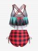 Plus Size Gothic Skull Checkerboard Strappy Cinched Ruched Overlay Tankini Swimsuit -  