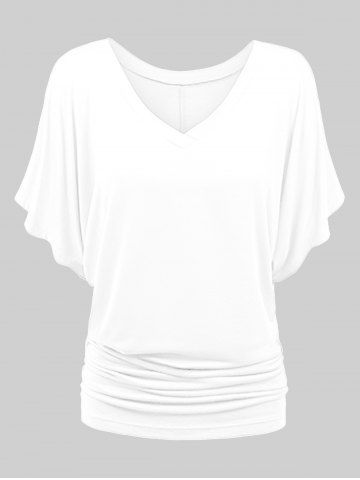 T-shirt en Couleur Unie à Manches Chauve-souris de Grande Taille à Col V - WHITE - XL