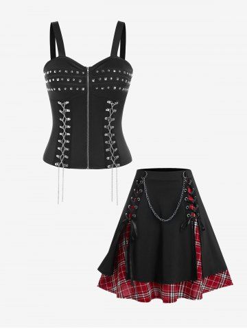 Gothic Chain Lace-up Rivets Zip Front Tank Top And Gothic Chains Lace Up Layered Plaid Skirt Gothic Outfit - BLACK