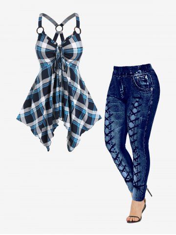 Checked Rings Cinched Handkerchief Tank Top and 3D Denim Printed Leggings Plus Size Summer Outfit
