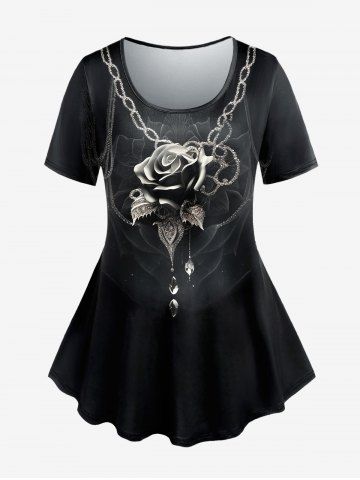 Gothic Chain Rose Print T-shirt - BLACK - 5X | US 30-32