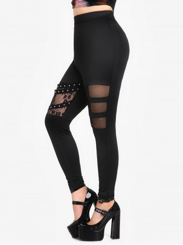 Gothic Lace Panel Mesh Studs Caged Cutout Pull On Pants