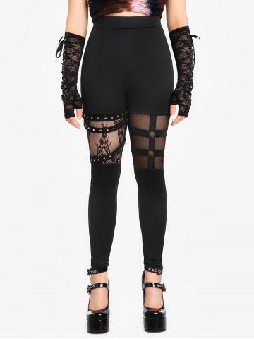 Gothic Lace Panel Mesh Studs Caged Cutout Pull On Pants