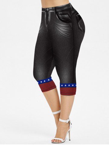 Pantalón Capri Talla Extra Estampado Bandera Americana 3D - BLACK - 5X | US 30-32