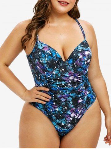 Plus Size Galaxy Fish Scale Printed Underwired High Cut Strappy One-piece Swimsuit - BLUE - 4XL