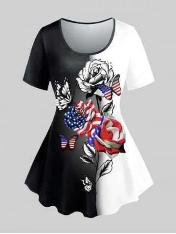 Plus Size 3D Rose Butterfly Patriotic American Flag Printed Tee - BLACK - M | US 10