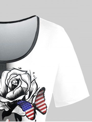 Plus Size 3D Rose Butterfly Patriotic American Flag Printed Tee