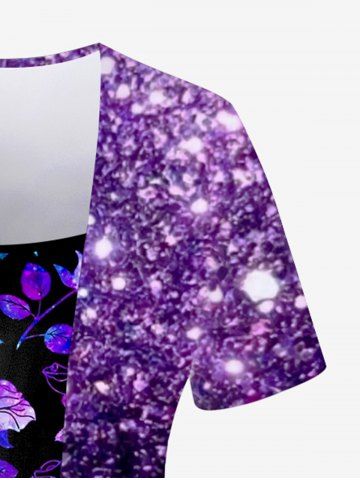 Plus Size 3D Glitter Flower Printed 2 in 1 Tee
