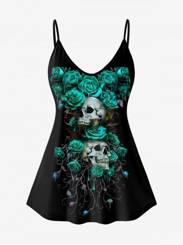 Gothic Rose Skull Print Cami Top (Adjustable Straps) - BLACK - 2X | US 18-20