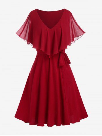 Plus Size Mesh Flounce Overlay A Line Party Capelet Dress - RED - L | US 12