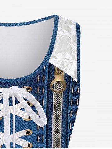Plus Size Lace Panel 3D Jean Print Tank Top