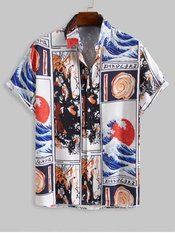 Abstract Japanese Wave Sun Pattern Short Sleeves Shirt - MULTI-A - M