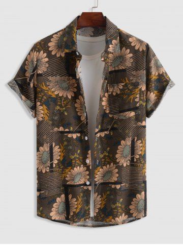 Sunflowers Pattern Cotton and Linen Textured Short Sleeves Shirt - DEEP COFFEE - S