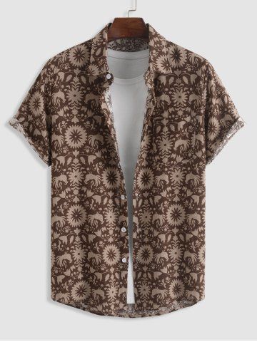 Short Sleeves Retro Floral Print Shirt - DEEP COFFEE - S