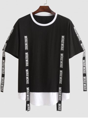 Cotton Short Sleeves MORE MORE Letter Tape Colorblock Tee - BLACK - S