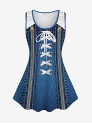 Plus Size Lace Panel 3D Jean Print Tank Top -  