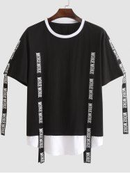 Cotton Short Sleeves MORE MORE Letter Tape Colorblock Tee -  