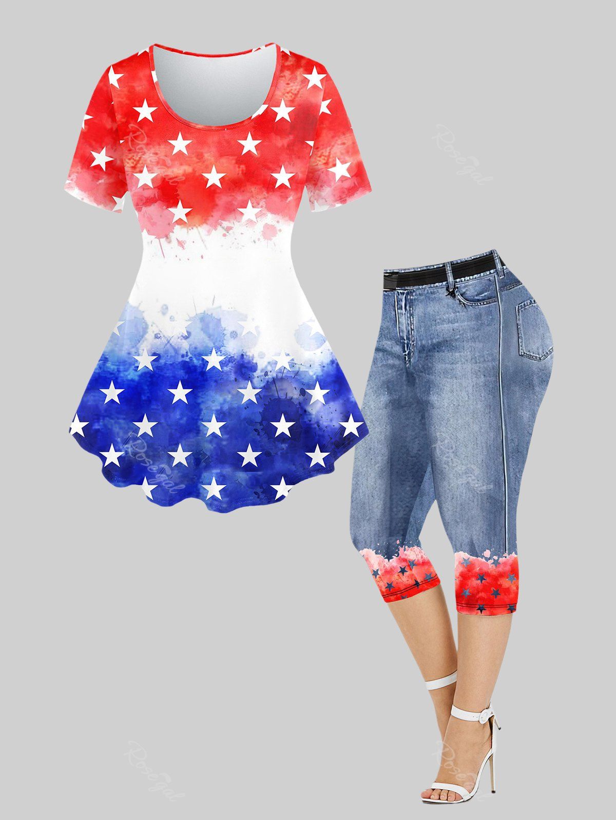 Fancy Plus Size Star Printed Colorblock Tee and 3D Jeans Star Chains Printed Leggings Outfit Bundle  