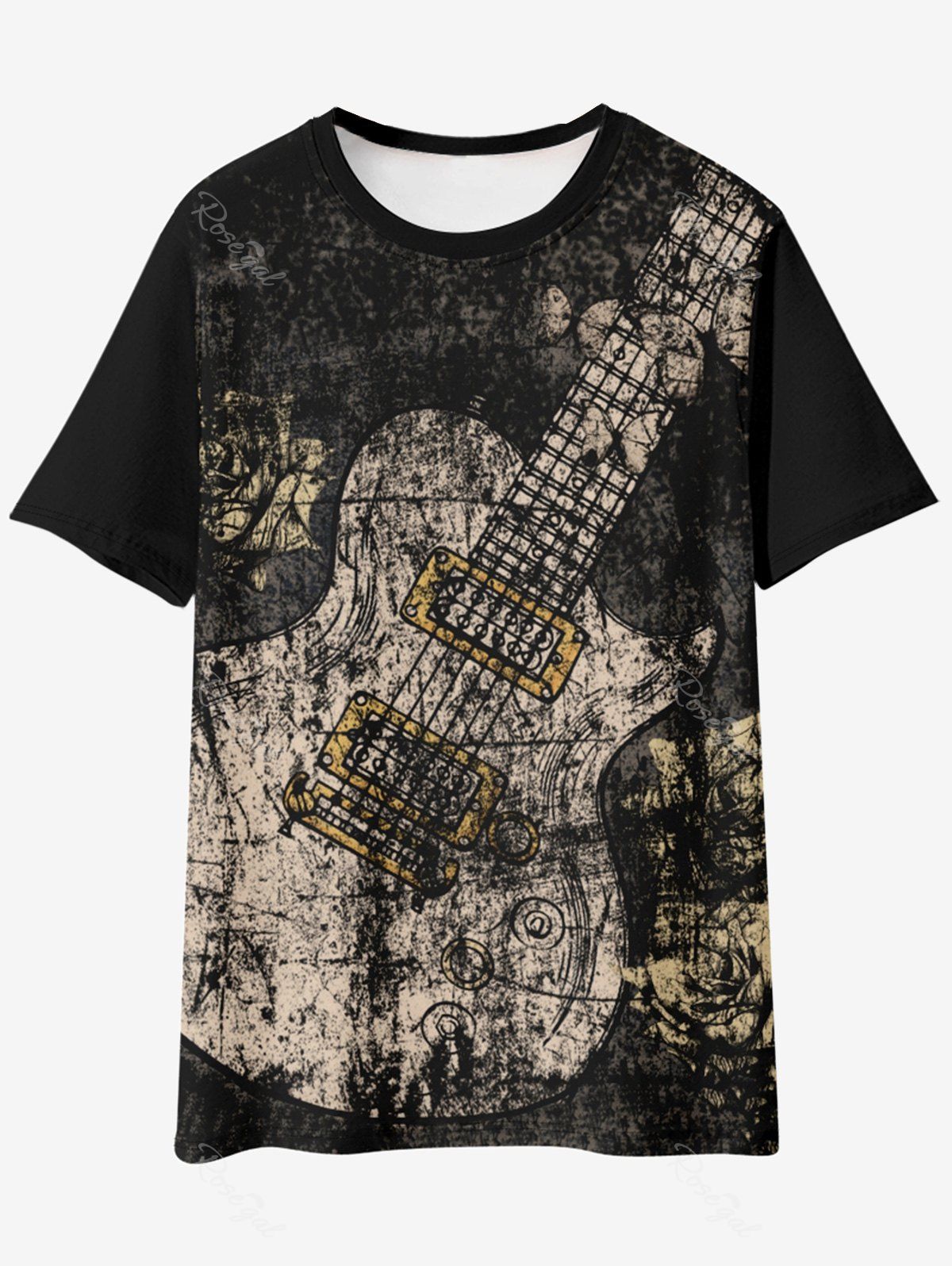 T-shirt Gothique Déchiré Guitare Imprimé Noir S