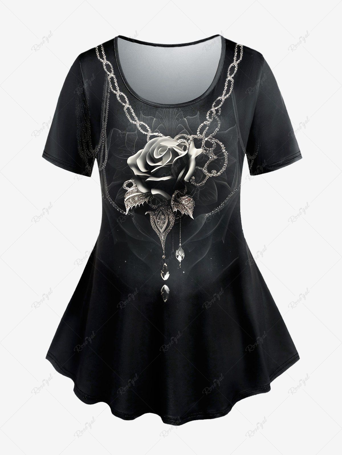 T-shirt Gothique Rose Chaîne Imprimée Noir 1X | US 14-16