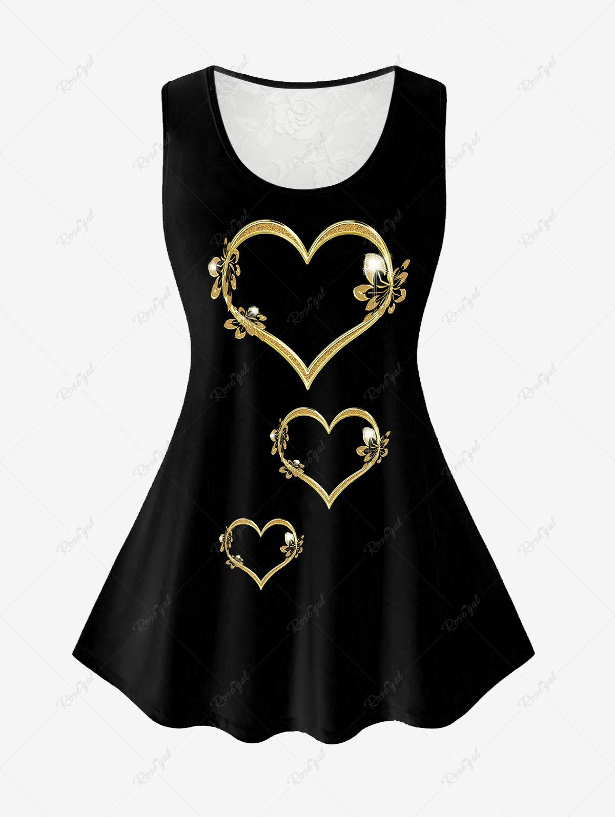 Trendy Plus Size Contrast Lace Panel Heart Printed Tank Top  