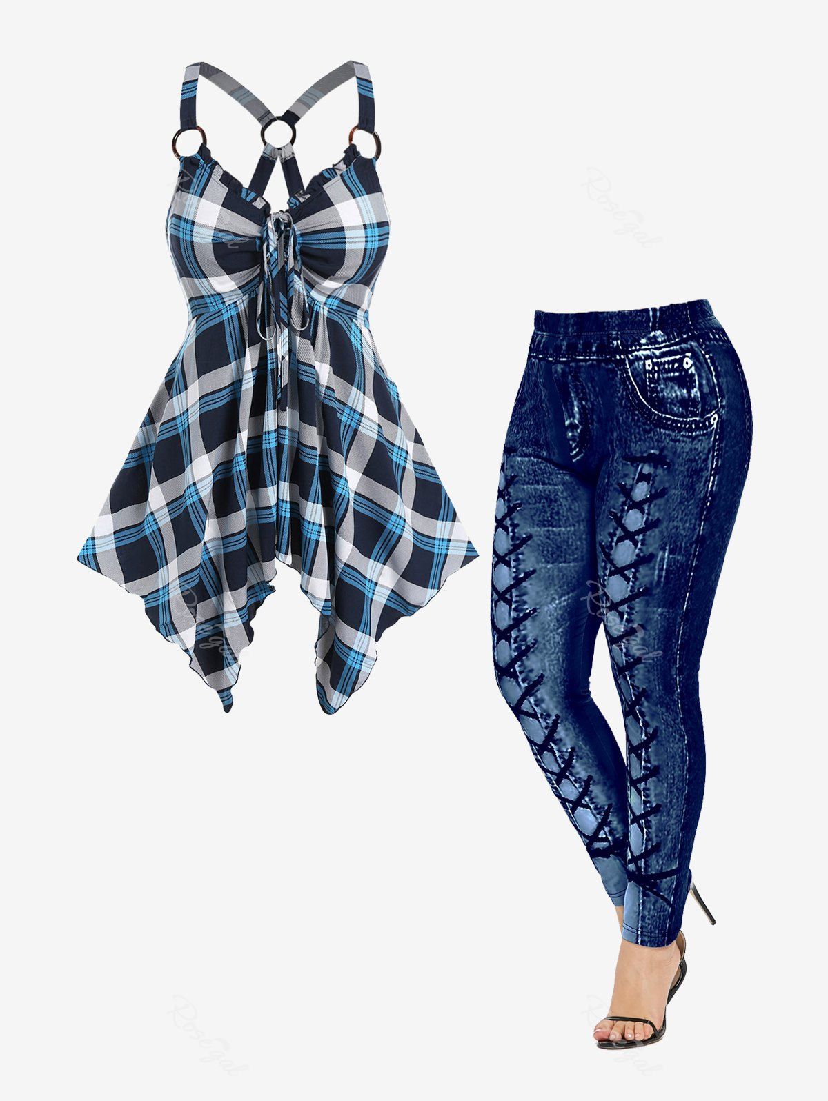 Checked Rings Cinched Handkerchief Tank Top and 3D Denim Printed Leggings Plus Size Summer Outfit Multi 