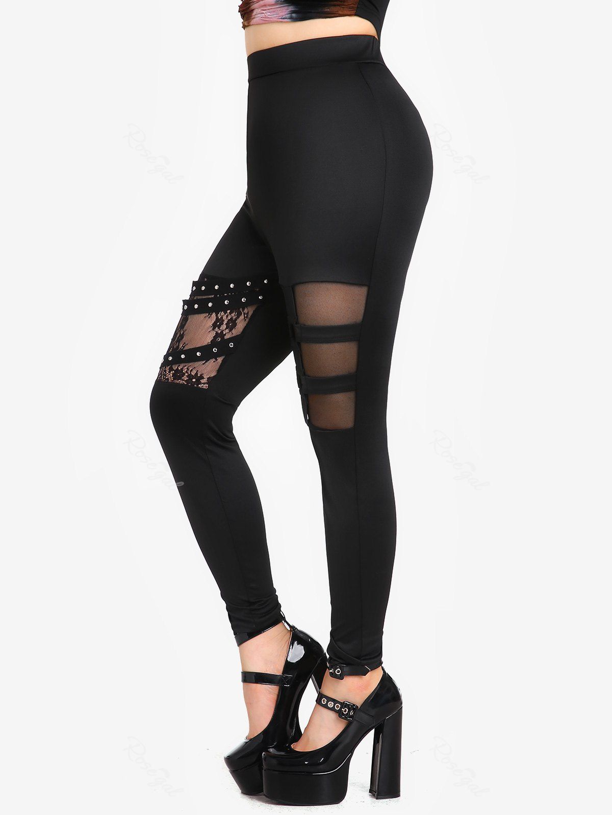 Fashion Gothic Lace Panel Mesh Studs Caged Cutout Pull On Pants  