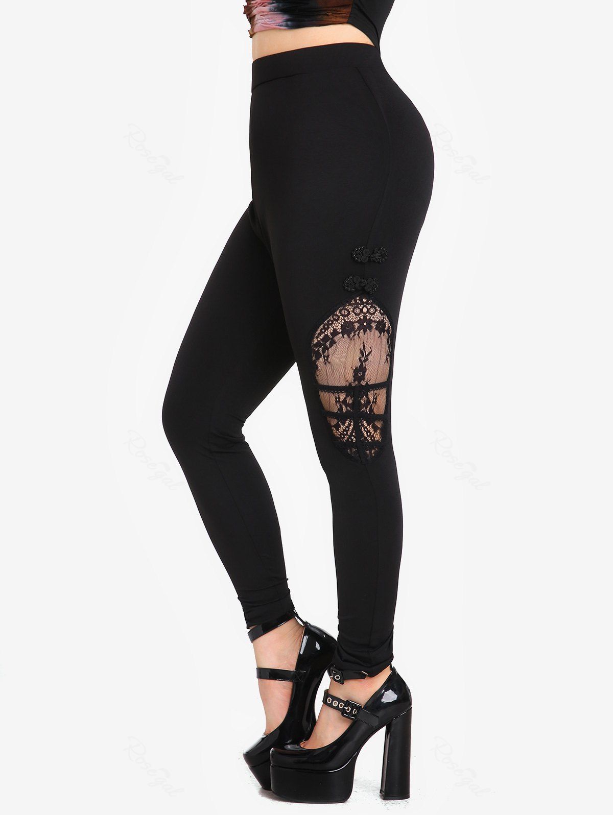 New Gothic Lace Panel Frog Button Pull On Skinny Pants  