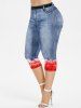 Plus Size Star Printed Colorblock Tee and 3D Jeans Star Chains Printed Leggings Outfit Bundle -  