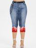 Plus Size Star Printed Colorblock Tee and 3D Jeans Star Chains Printed Leggings Outfit Bundle -  