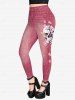Gothic Skull Jacquard Boning Overbust Brocade Corset And Gothic 3D Chain Print Skinny Leggings Gothic Outfit  And Gothic Flower Skull 3D Jean Print Jeggings Gothic Outfit -  