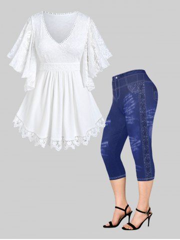 Butterfly Sleeve Lace Panel Blouse and 3D Lace-up Jeans Printed Capri Leggings Plus Size Outfit - WHITE