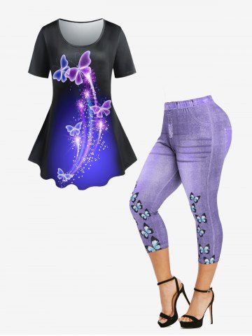 Butterfly Print T-shirt and 3D Denim Butterfly Printed Capri Jeggings Plus Size Outfits - PURPLE
