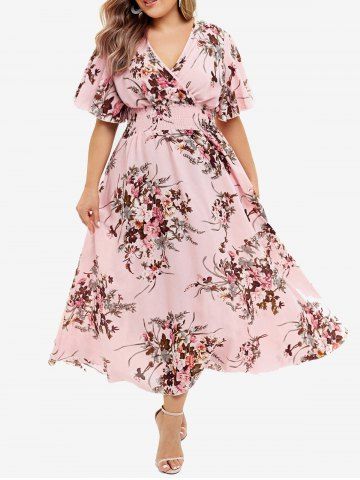 Plus Size Floral High Waisted Flutter Sleeves A Line Surplice Dress - LIGHT PINK - 2XL