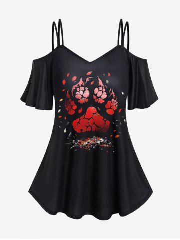 Gothic Cat Paws Print Cold Shoulder T-shirt - BLACK - 1X | US 14-16