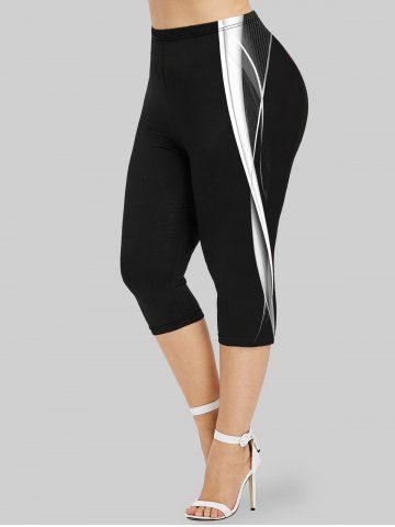 Plus Size 3D Stripes Printed Capri Leggings - BLACK - 2X | US 18-20