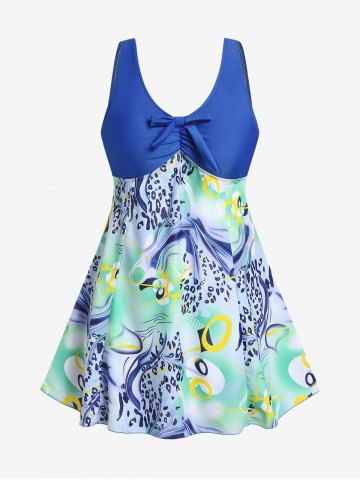 Plus Size Mixed Print Ruched Cutout Bowknot Padded Modest Tankini Top Swimsuit - BLUE - 1X