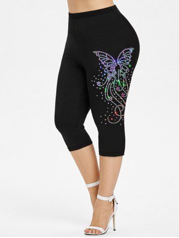 Plus Size 3D Rhinestone Butterfly Print Capri Leggings - BLACK - 5X | US 30-32