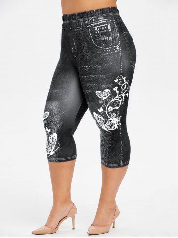 Plus Size 3D Jeans Butterfly Flower Printed Capri Leggings - BLACK - S | US 8