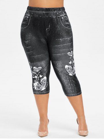 Plus Size 3D Jeans Butterfly Flower Printed Capri Leggings