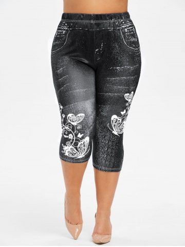 Plus Size 3D Jeans Butterfly Flower Printed Capri Leggings