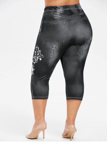 Plus Size 3D Jeans Butterfly Flower Printed Capri Leggings