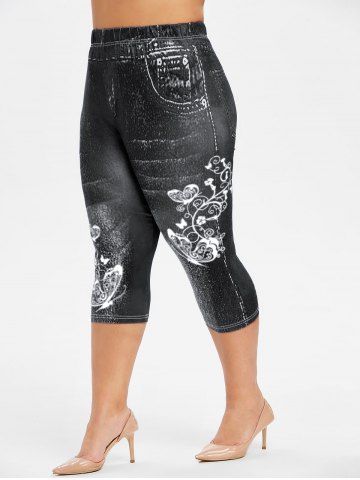 Plus Size 3D Jeans Butterfly Flower Printed Capri Leggings