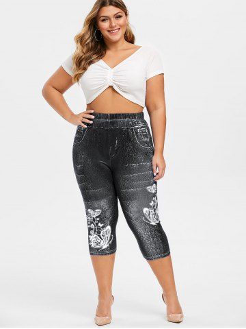 Plus Size 3D Jeans Butterfly Flower Printed Capri Leggings