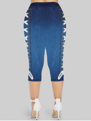 Plus Size 3D Lace-up Jean Print Capri Jeggings
