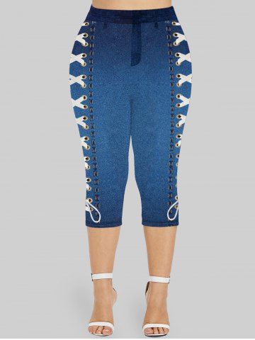 Plus Size 3D Lace-up Jean Print Capri Jeggings