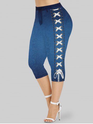 Plus Size 3D Lace-up Jean Print Capri Jeggings - BLUE - 4X | US 26-28